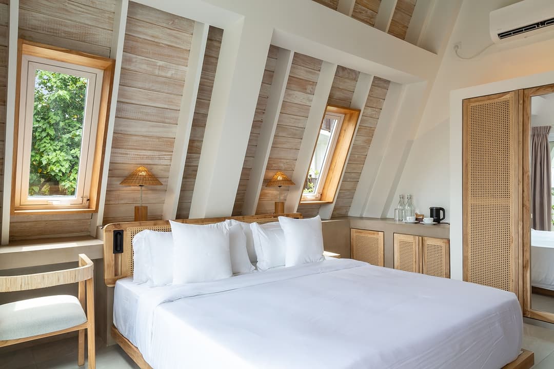 A-frame bedroom close angle with furniture at Asaya Sands, Mirissa, Sri Lanka