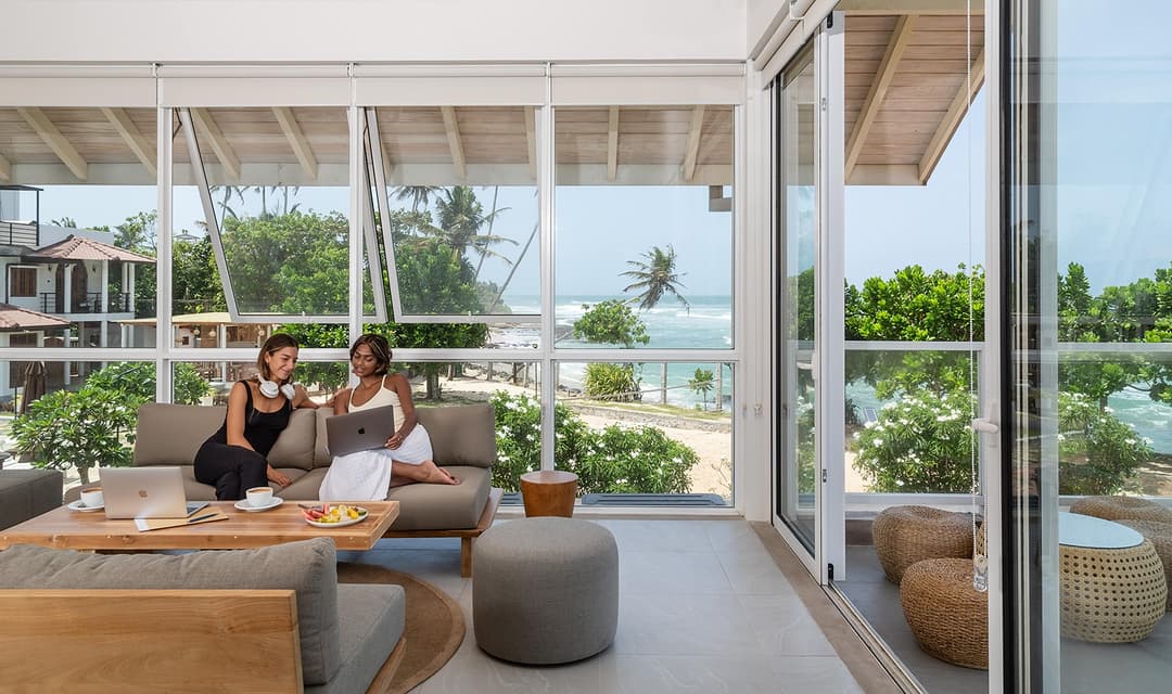 Outdoor co-working lounge with ocean view at Asaya Sands, Mirissa, Sri Lanka