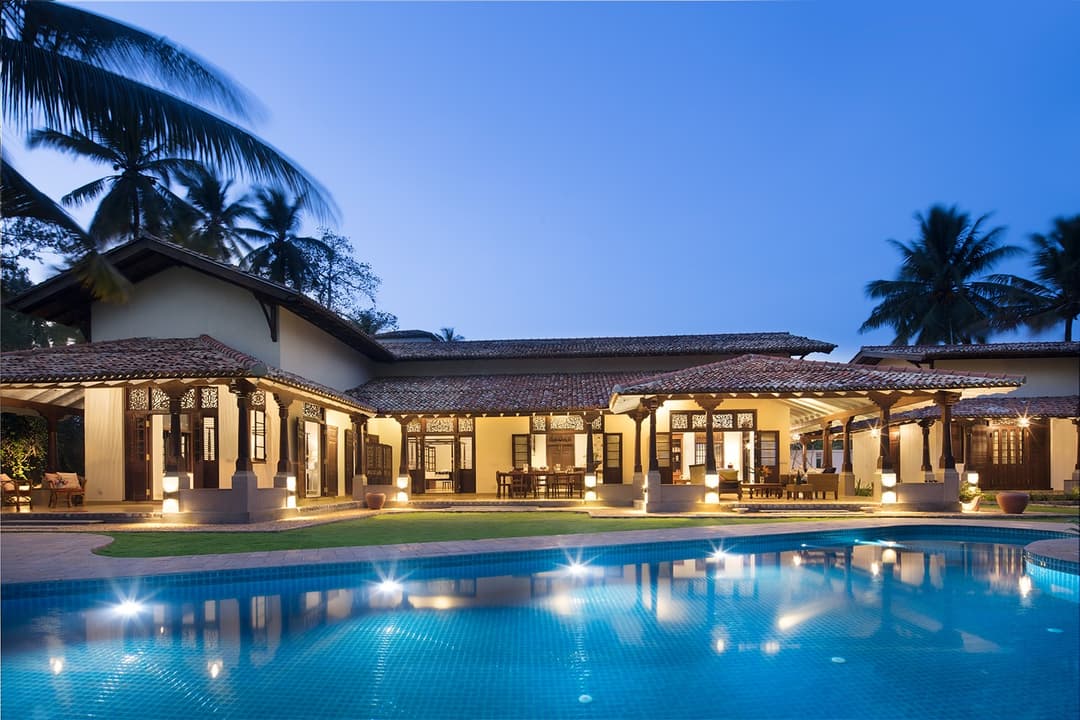 Abiman Dickwella exterior at dusk with pool and villa at blue hour, Sri Lanka