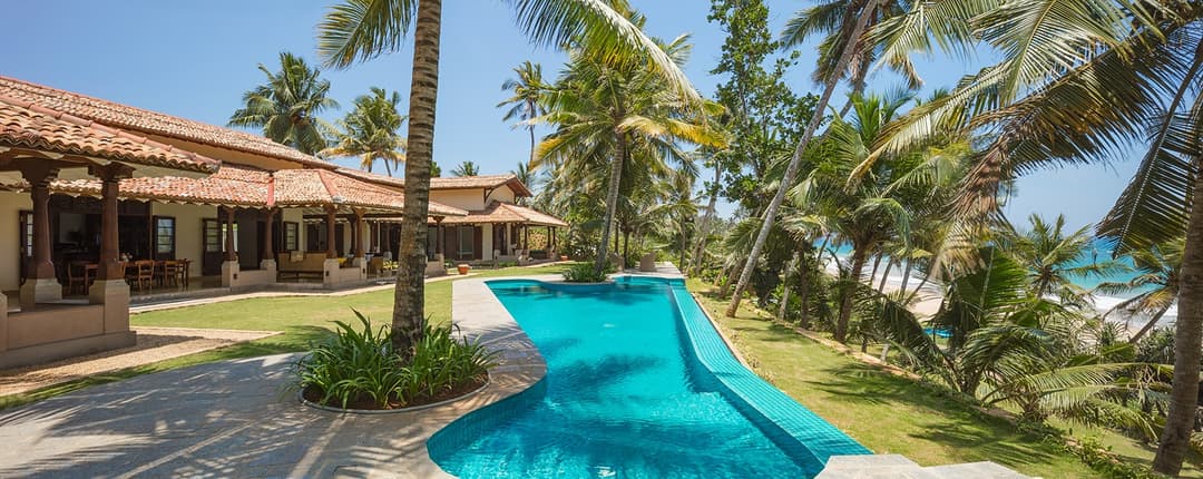 Panoramic view of Abiman pool, villa and beach, Dickwella, Dikwella, Sri Lanka