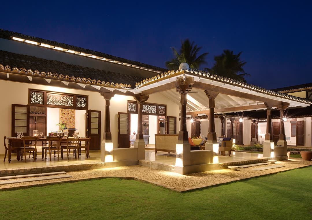 Abiman Dickwella villa facade dramatically lit at night, Dickwella, Sri Lanka