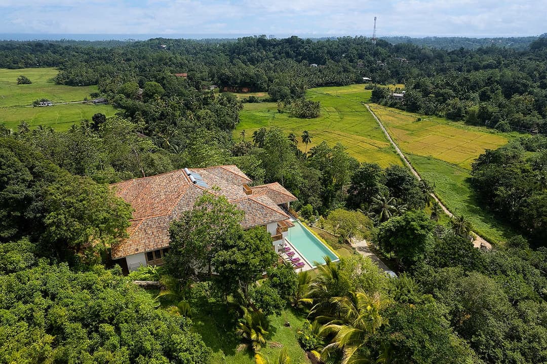 Aerial view over paddy fields, The Divine Villa Talpe