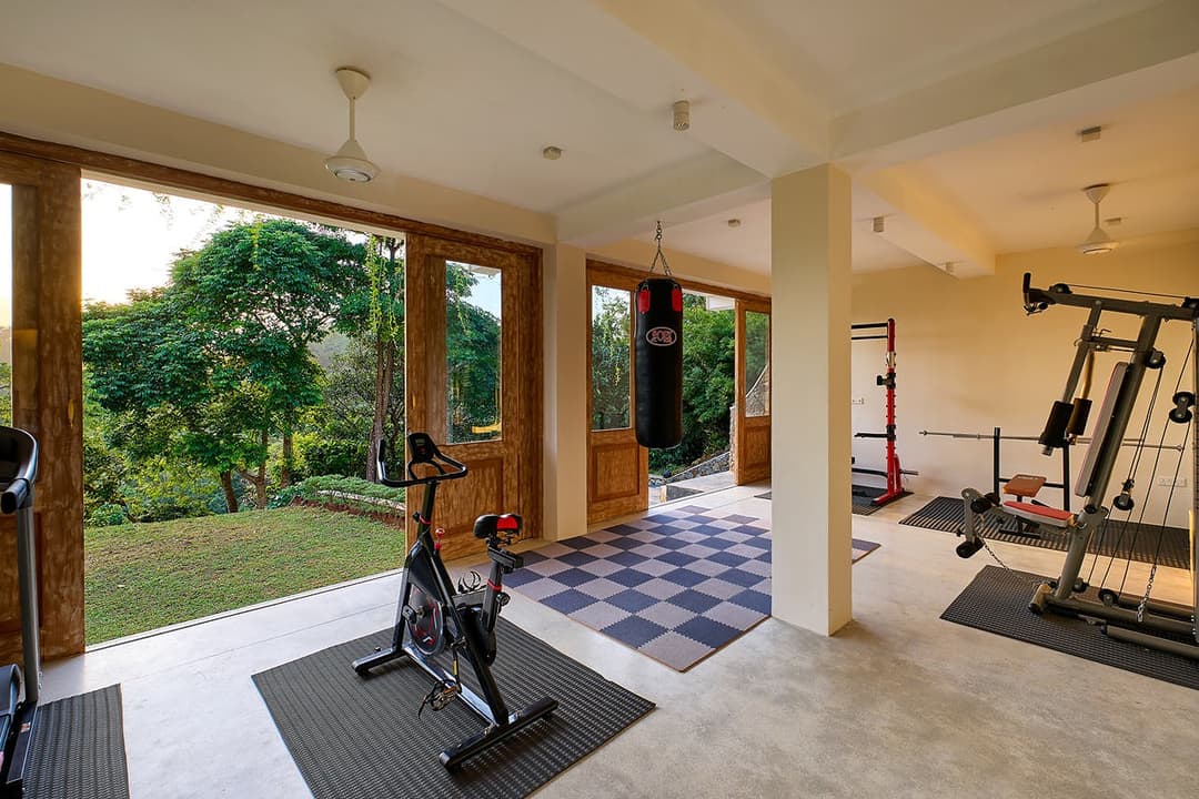 Fitness gym with garden doors, The Divine Villa Talpe