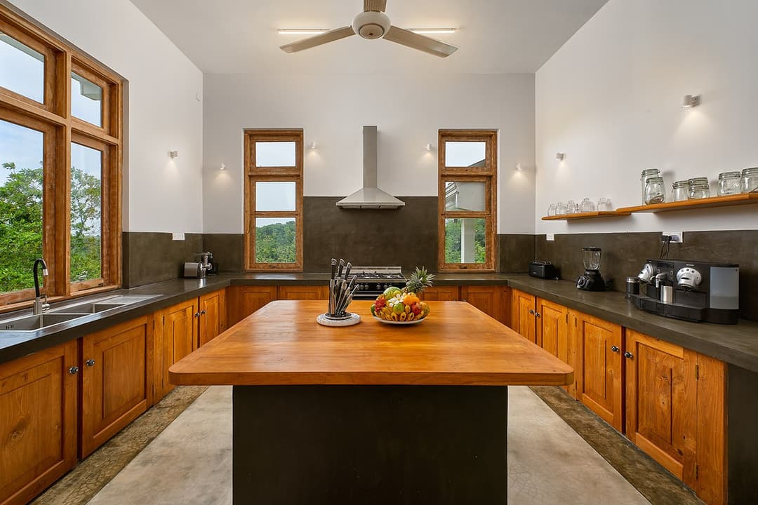 Kitchen with timber island, The Divine Villa Talpe