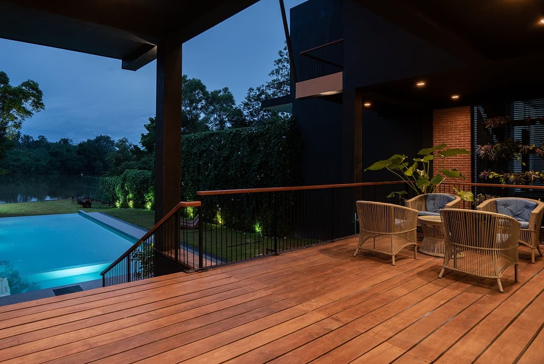 Exterior deck and pool at dusk, Kurokawa Kalutara