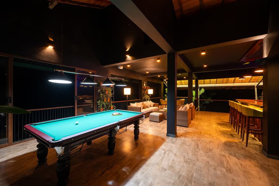Night lit upstair bar at Kurokawa with pool table