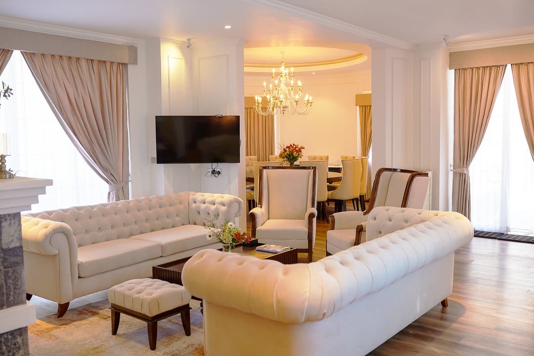 Living room cream sofa wide view, The Mystique Nuwara Eliya