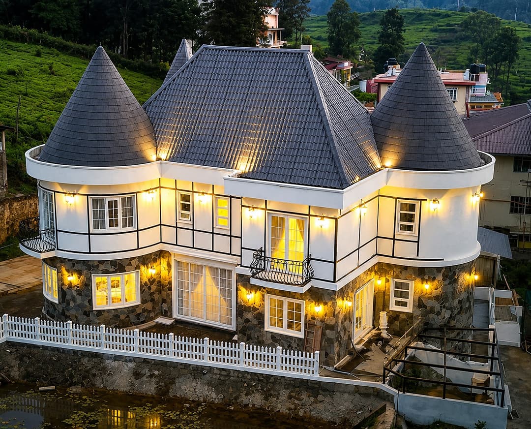 Castle exterior lit at night, The Mystique Nuwara Eliya