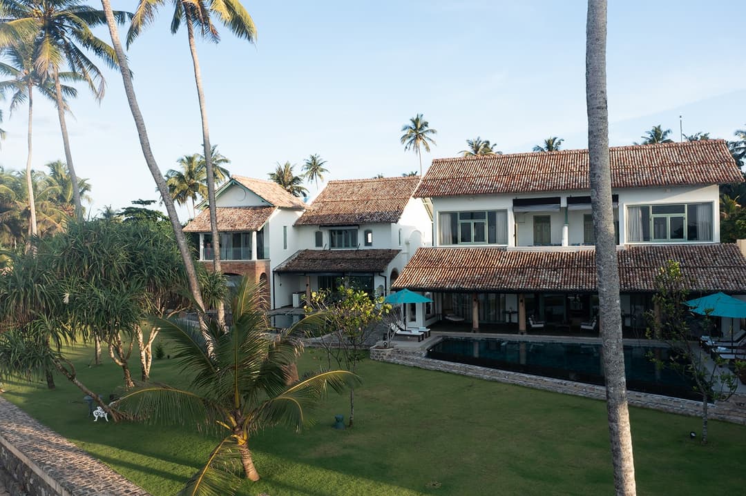 Villa and pool aerial exterior, Candella House Talpe
