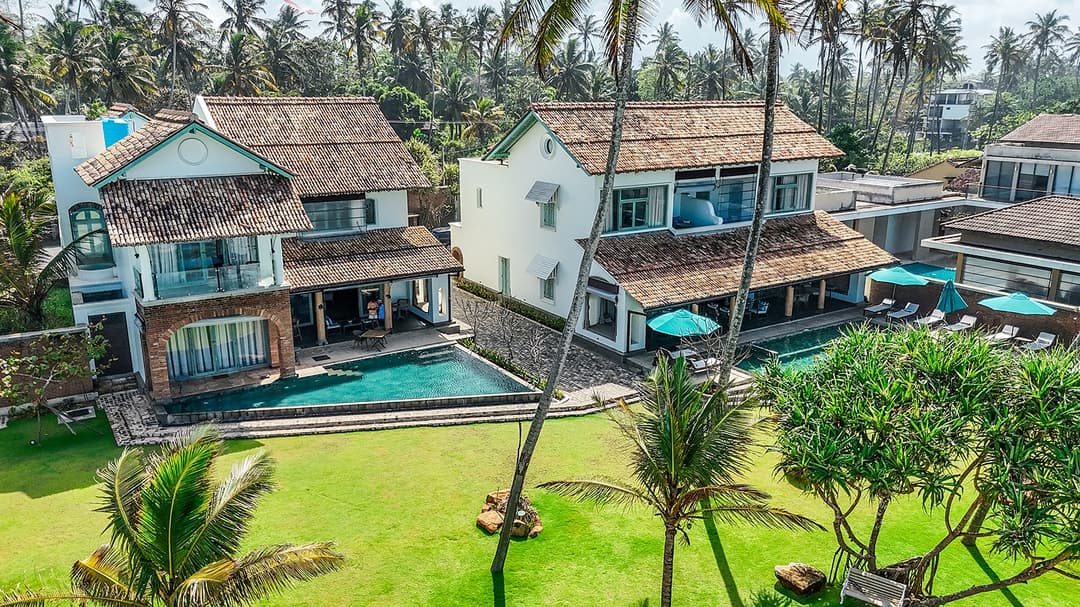 Aerial villa and beach tight, Candella House Talpe