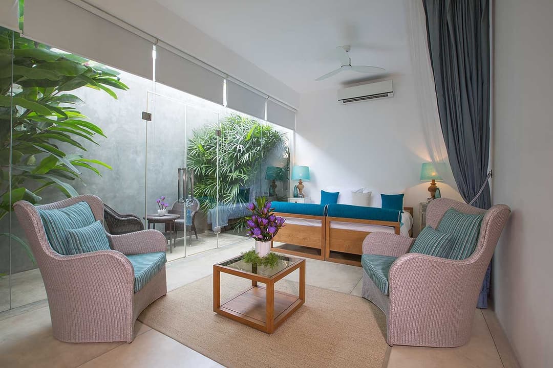 Aquamarine villa living room wide, Sri Sharavi Mirissa