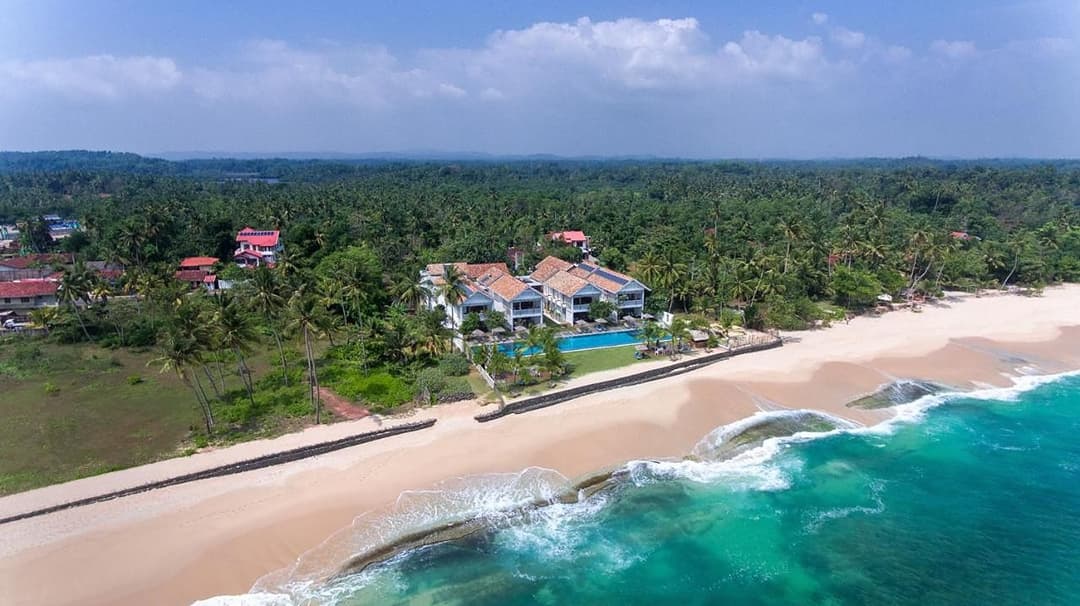 Aerial pool and beach wide view, Sri Sharavi Mirissa