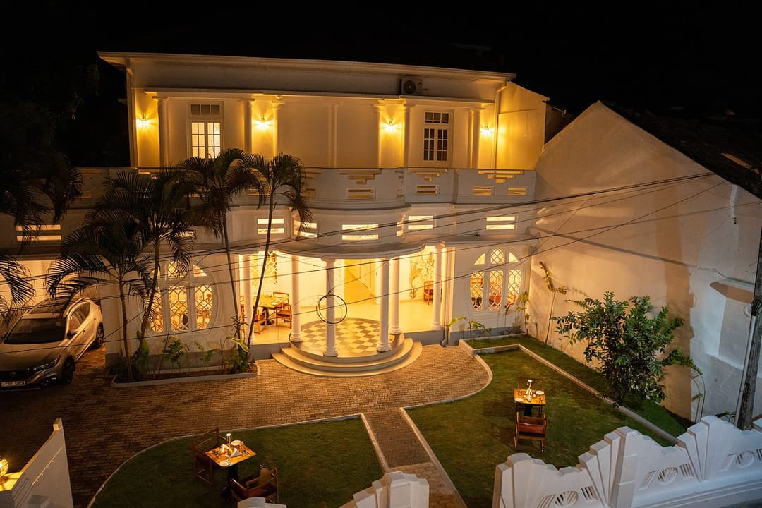 Villa exterior at night with garden, Padmaraga Galle Fort
