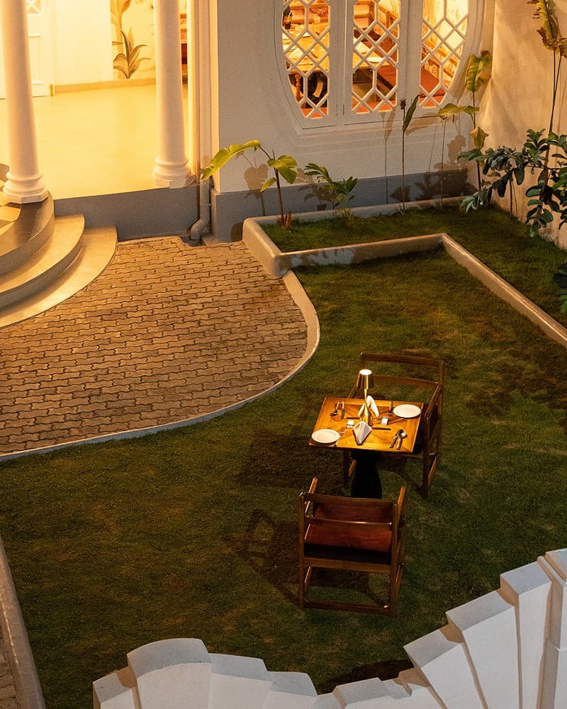 Exterior courtyard evening wide, Padmaraga Galle Fort