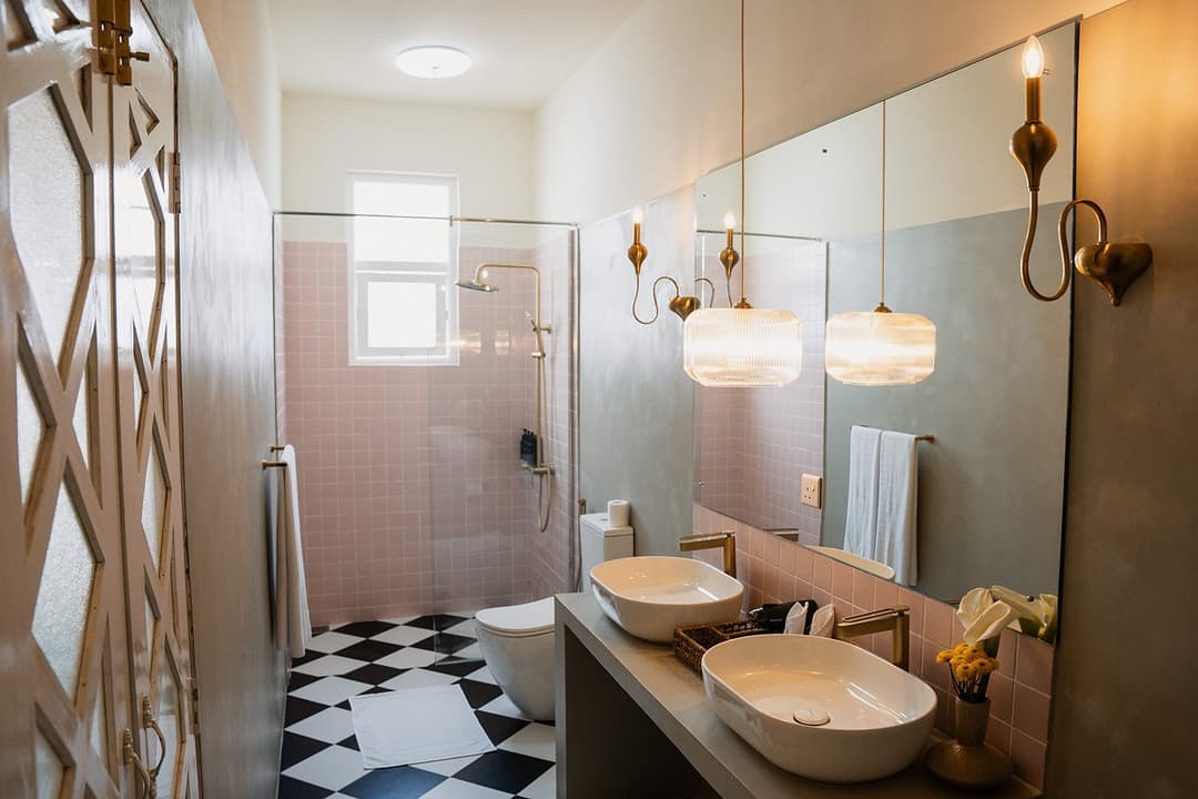 Bathroom grey tiles and shower wide, Padmaraga Galle Fort
