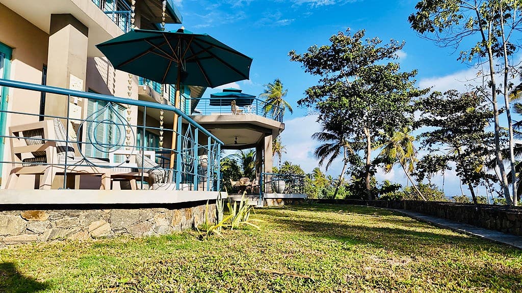 Drone aerial exterior with palms, Villa Monara Tangalle