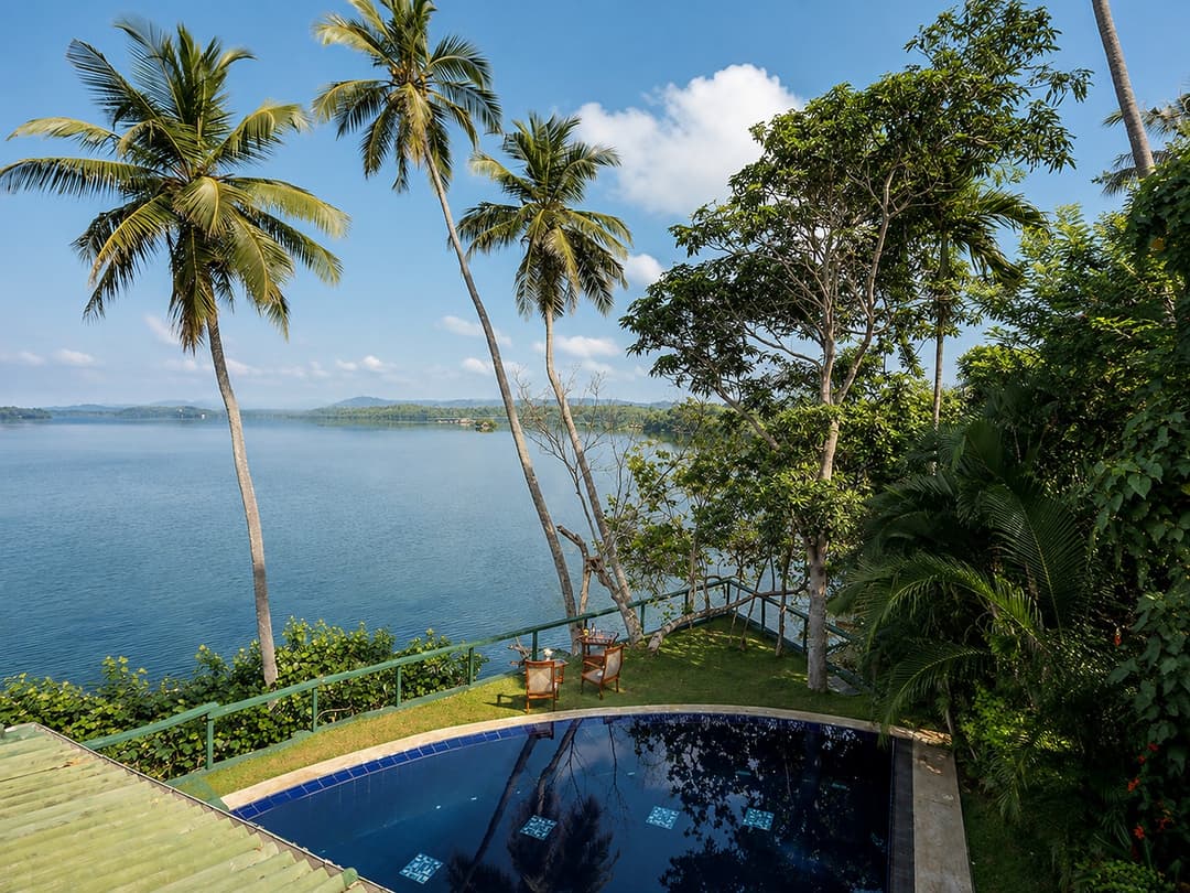 Kingfisher House Koggala aerial view of pool and lake