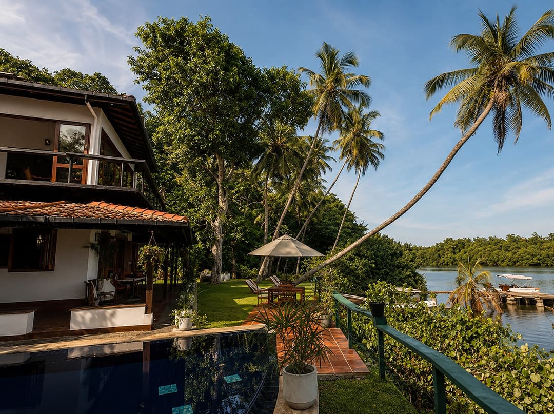 Kingfisher House Koggala exterior garden with lake view