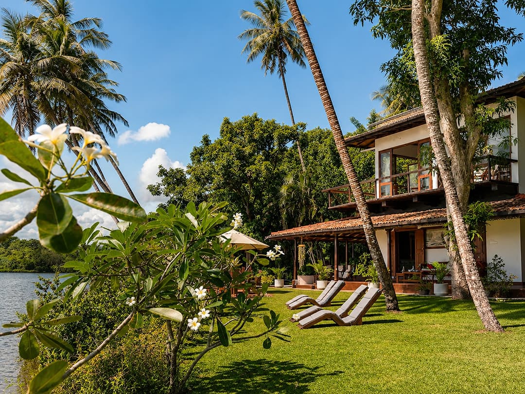 Kingfisher House Koggala exterior garden with palm trees