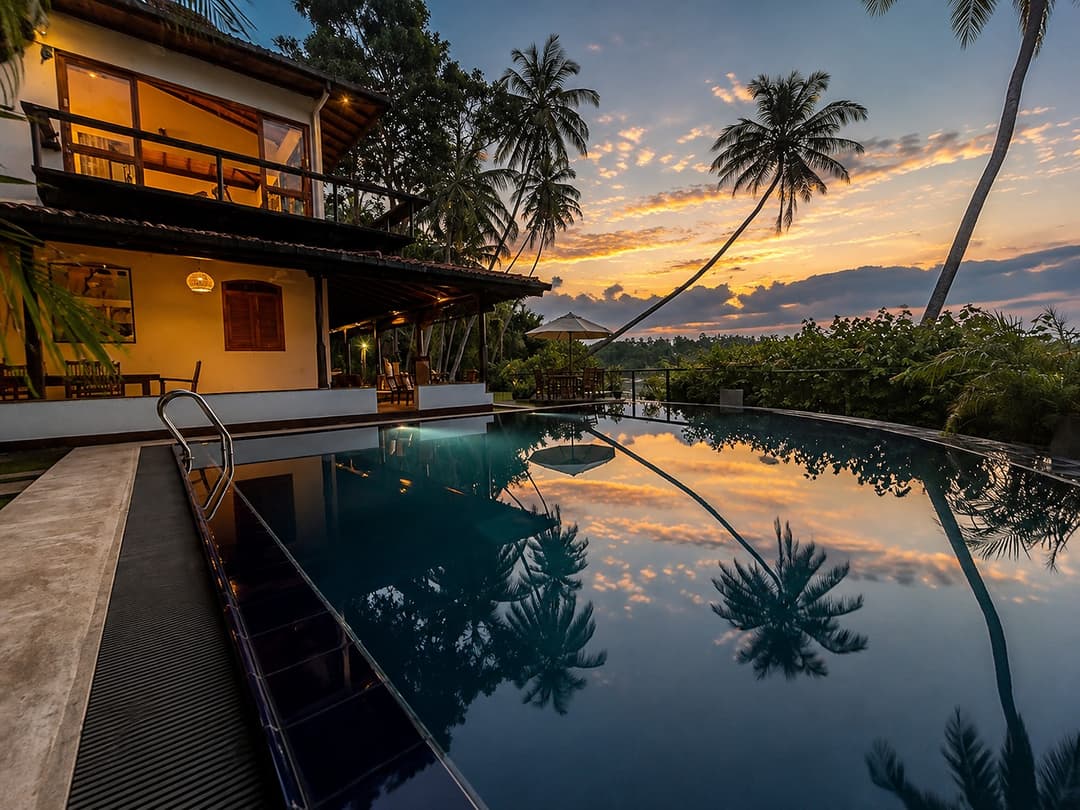 Kingfisher House Koggala infinity pool exterior at dusk