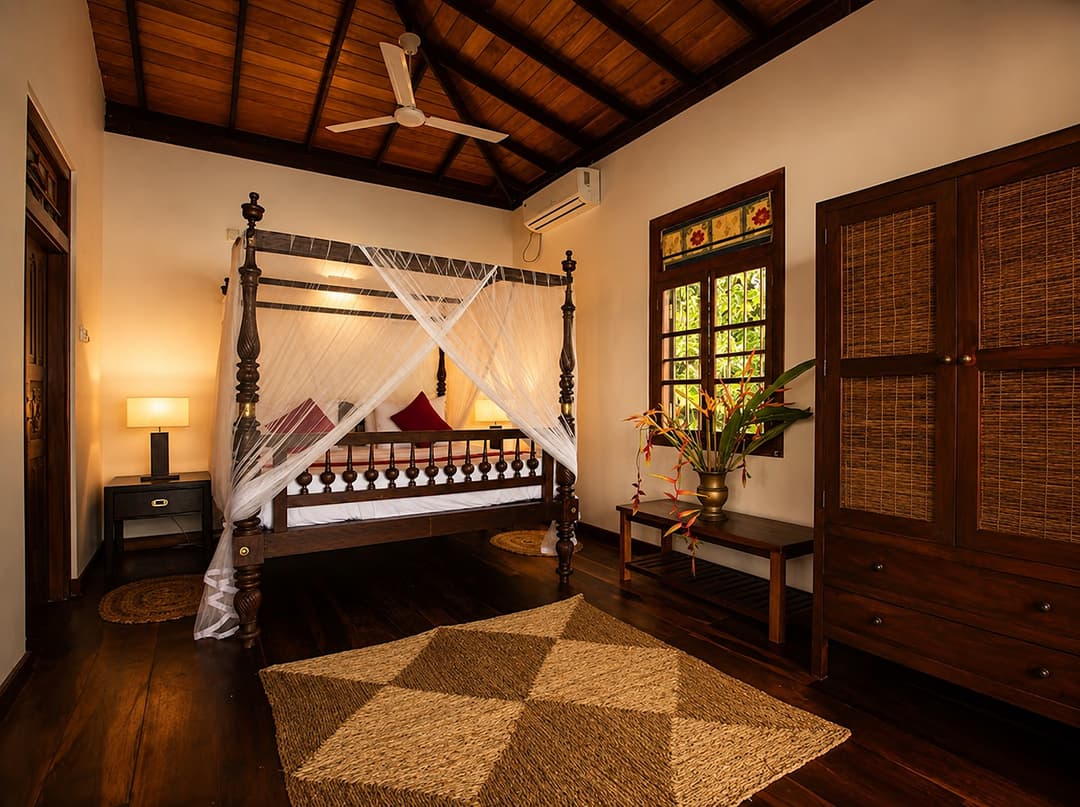 Koggala Lake bedroom with canopy bed and checkered rug