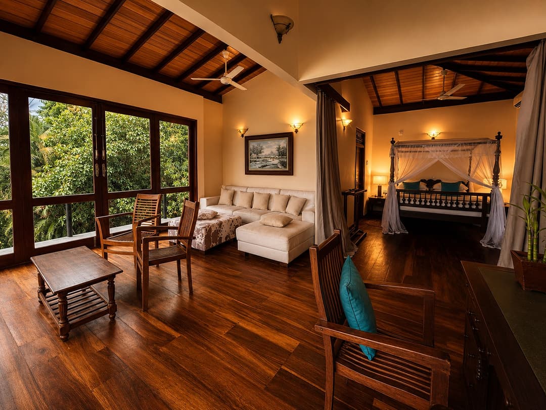 Koggala Lake bedroom with four poster bed and lake view