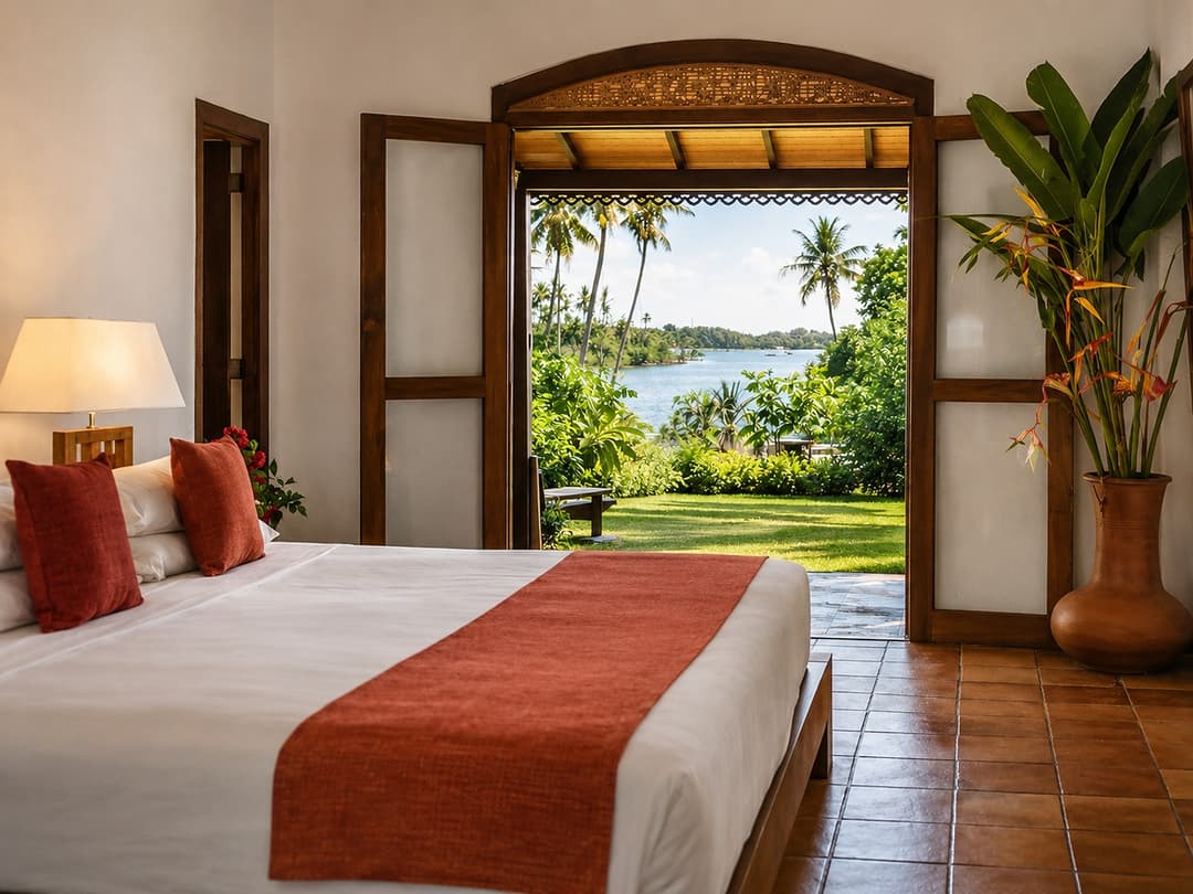 Koggala Lake bedroom with red and white linen interior