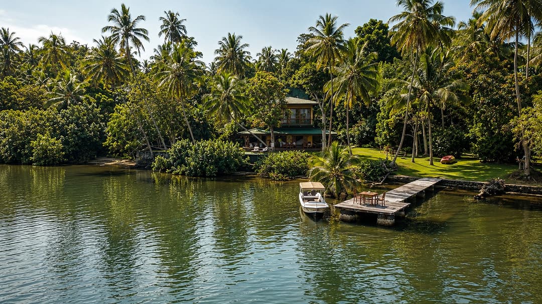 Koggala Lake calm water framed by palm trees