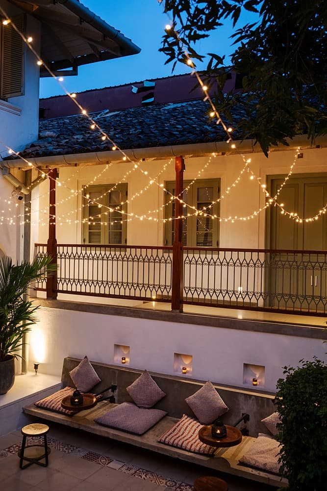 Fort Bazaar Galle rooftop lounge seating at dusk
