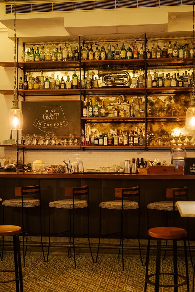 Fort Bazaar Galle bar interior with bottle shelves