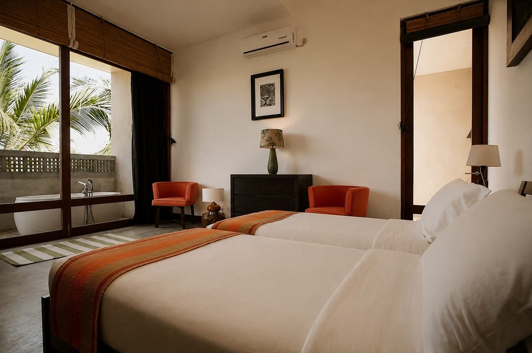 Mirissa bedroom with striped bedding and flowers