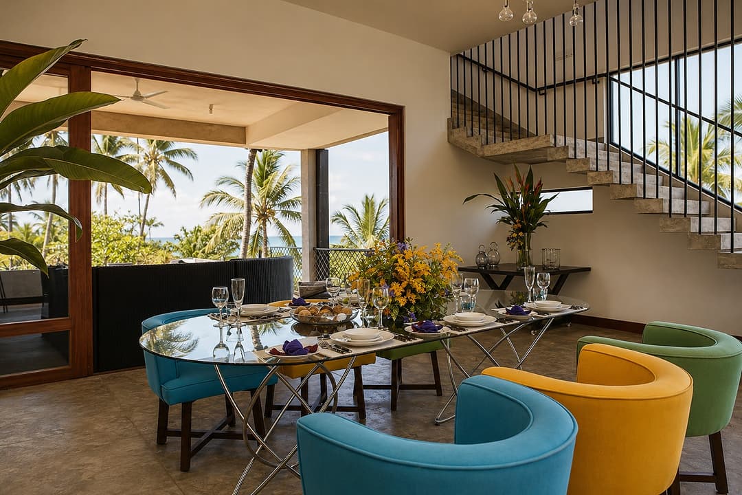 Mirissa dining room with glass table and colourful chairs