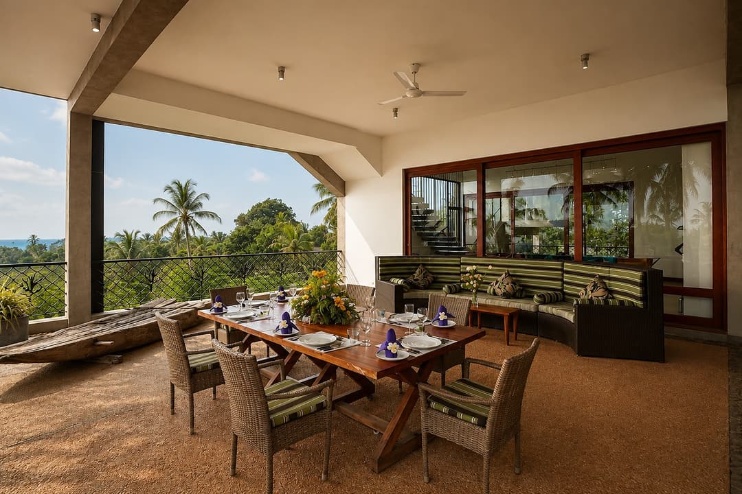 Mirissa dining terrace with long table and ocean view