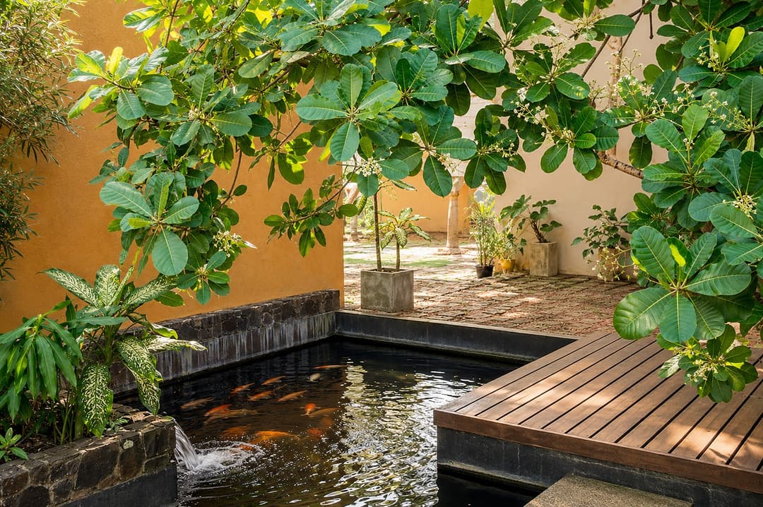 Mirissa garden koi pond surrounded by plants