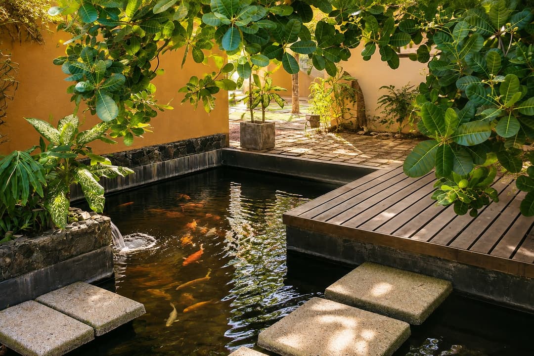 Mirissa garden koi pond with stepping stones