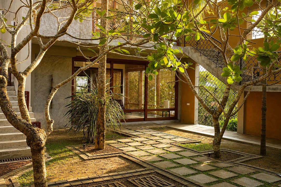 Mirissa garden path lined with trees