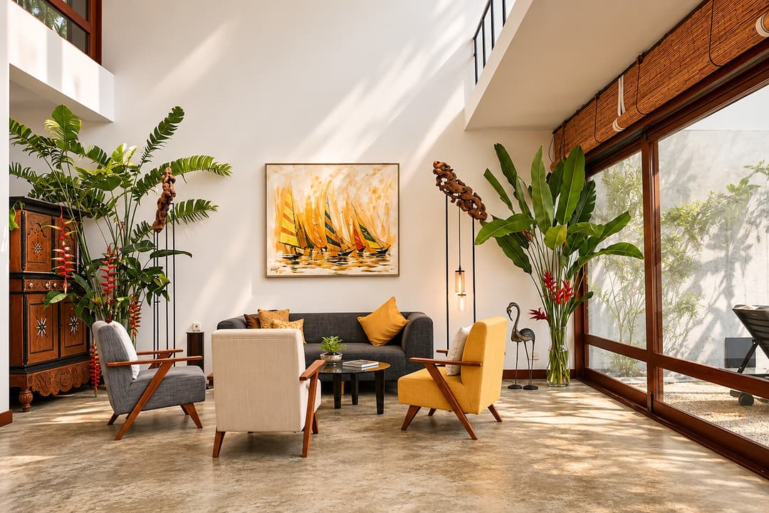 Mirissa interior spiral staircase with art