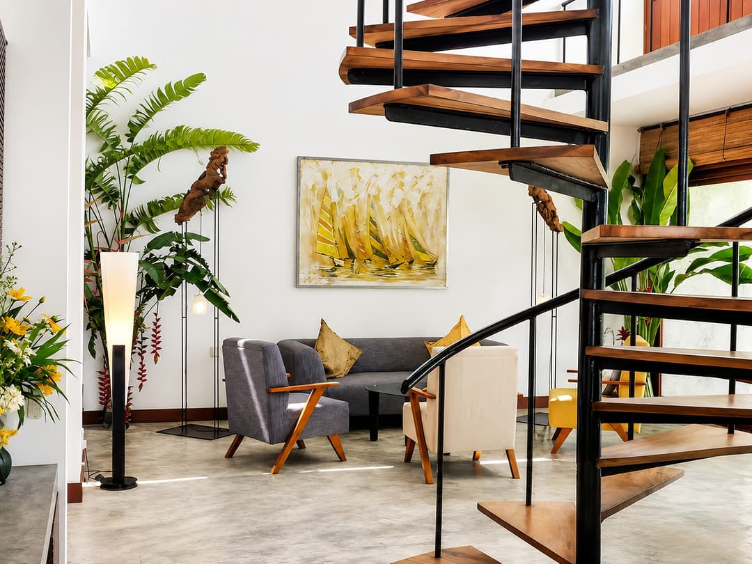 Mirissa interior spiral staircase with sofa