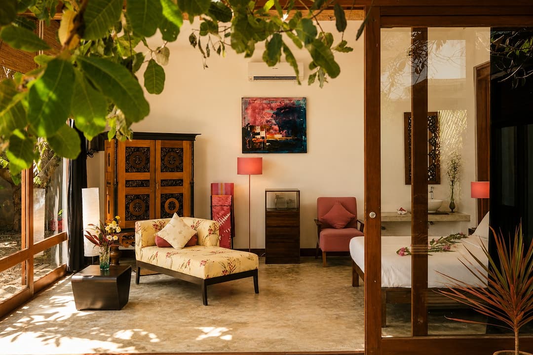 Mirissa living room with glass doors to garden