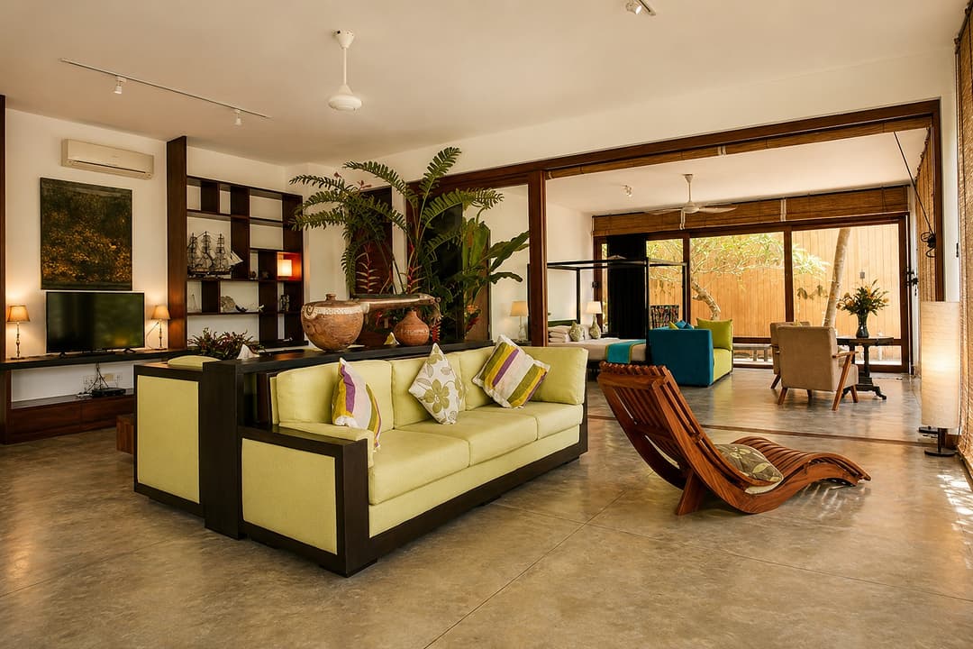 Mirissa living room with sofa and cane chair