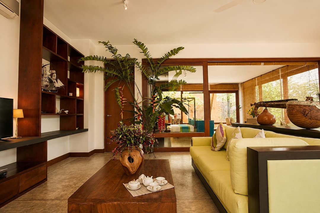 Mirissa living room with sofa and wood accents