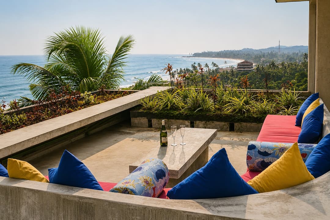 Mirissa rooftop dining terrace with palm trees