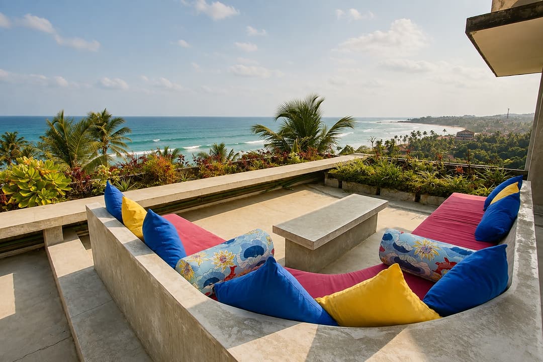 Mirissa rooftop lounge seating at sunset