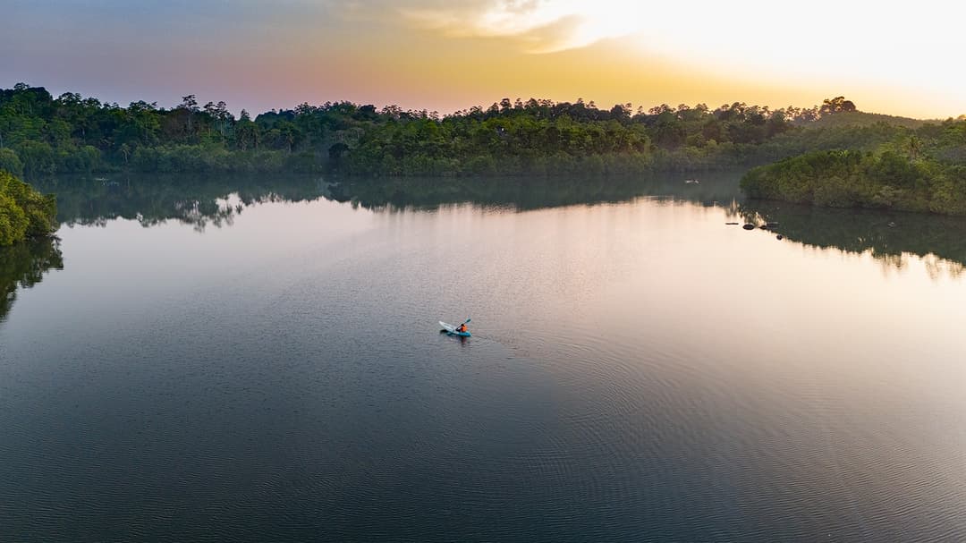 Tri Ahangama aerial lake view at sunset