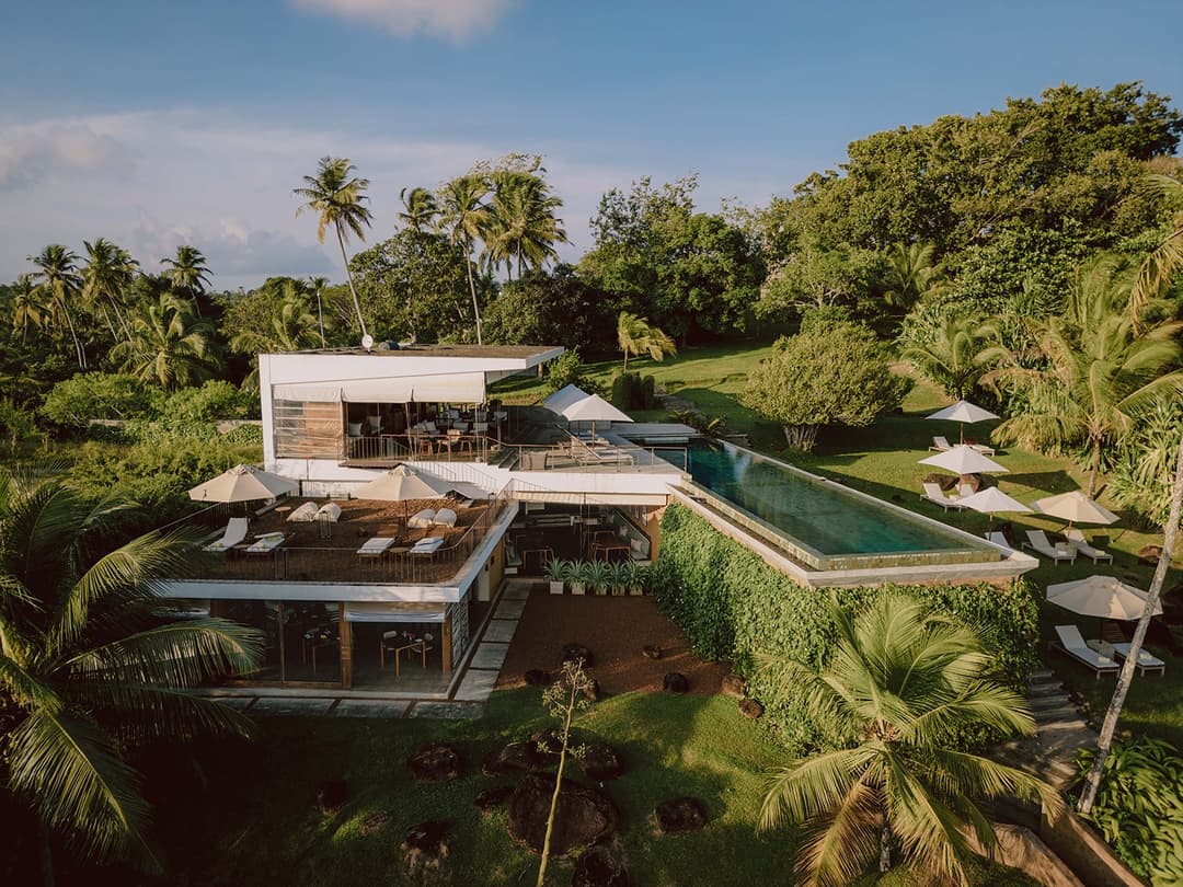 Tri Ahangama aerial view of villa and pool