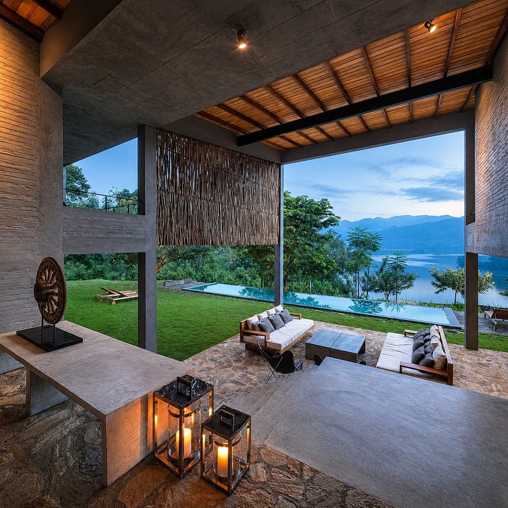 Kurundu House Digana lounge deck by the pool at dusk