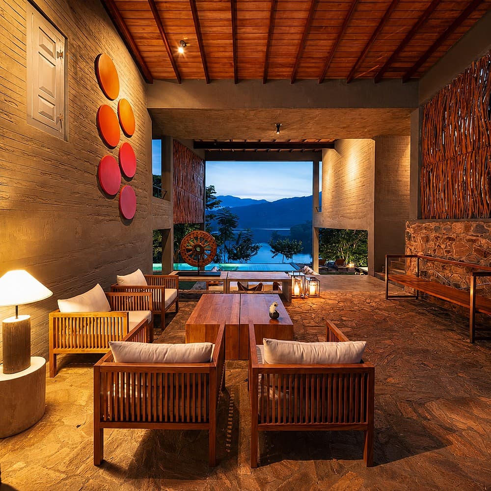 Digana lounge with red art and pool view