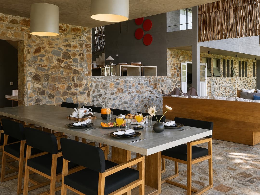 Digana dining room with stone wall interior