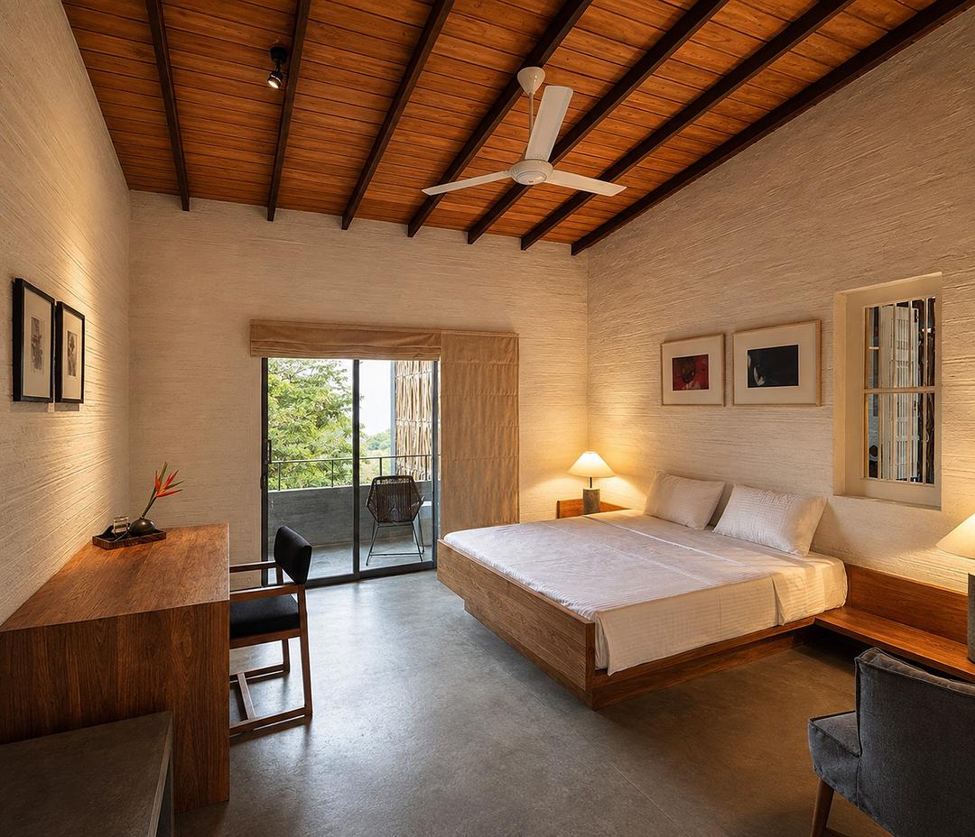 Digana bedroom with desk and glass doors