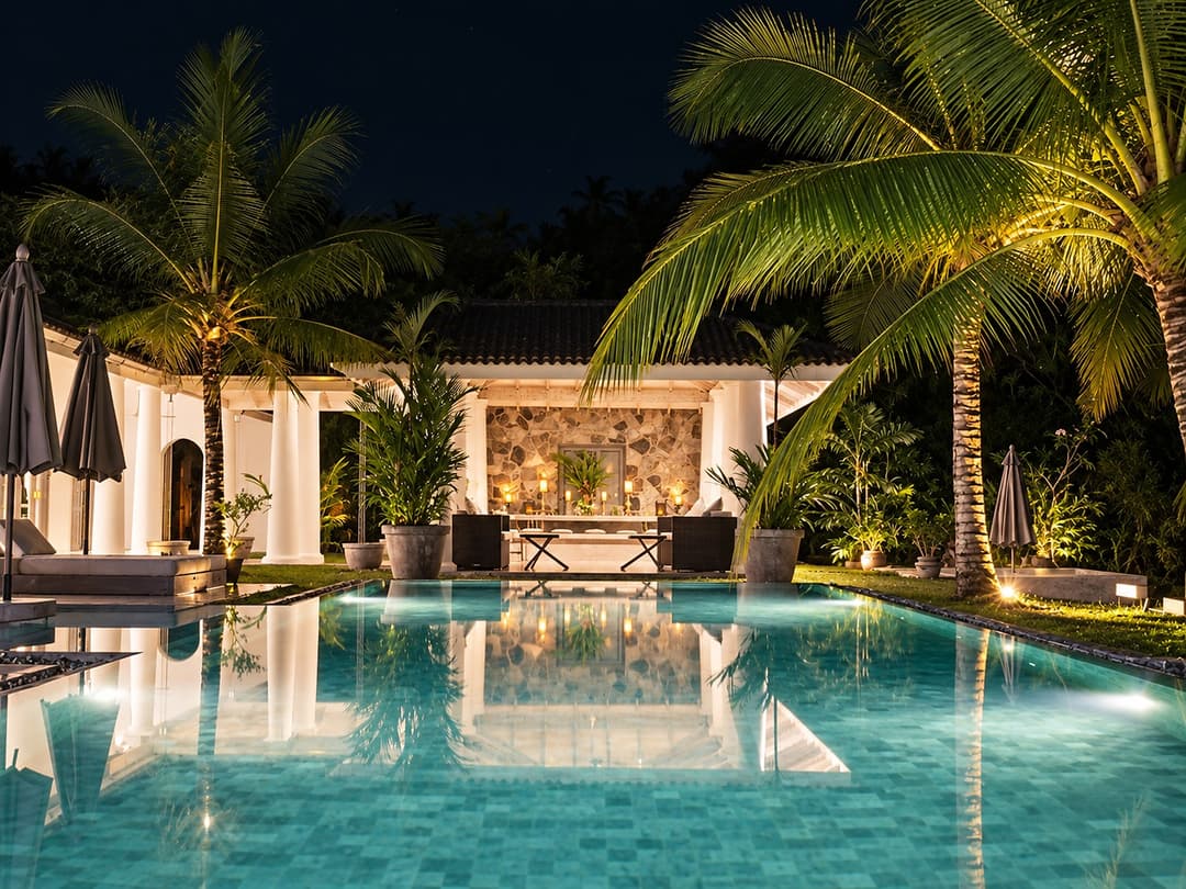 Duwa House Ahangama pool at night with lanterns
